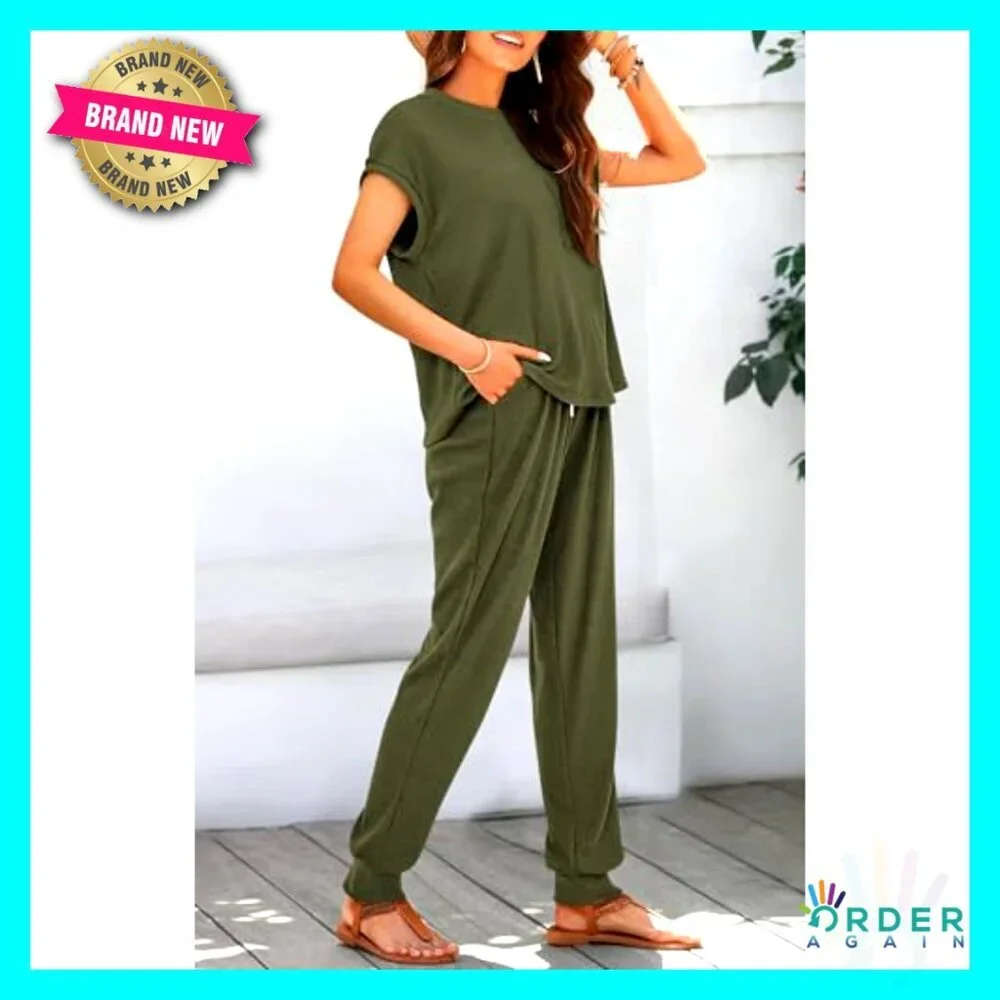 Two Piece Tracksuit Set Short Sleeve Top Long Pants Lounge Sweatsuit Y2K